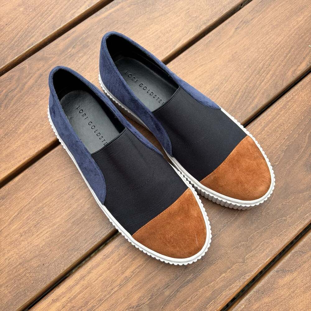Lori Goldstein Li-Sylvie Mixed-Media Navy Tan Black Platform Slip-On Sneakers Sz
